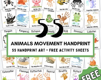 55 Animal Movement Handprint Art BUNDLE for Toddlers, Preschoolers, First Grade Activity, DIY Classroom Activity, Animal Handprint Keepsake