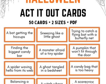 Halloween Charades Game Printable, 50 Act It Out Cards, Halloween Party Games for Kids & Family, Classroom Halloween Activity