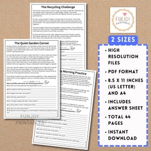 May include: Printable educational worksheets with reading comprehension exercises and questions. Includes "The Recycling Challenge", "The Quiet Garden Corner", and "Daily Morning Practice" stories. Features "Funjoy Printables" logo and details about file sizes and instant download.