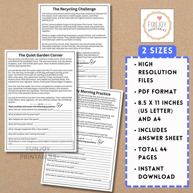 May include: Printable educational worksheets with reading comprehension exercises and questions. Includes "The Recycling Challenge", "The Quiet Garden Corner", and "Daily Morning Practice" stories. Features "Funjoy Printables" logo and details about file sizes and instant download.