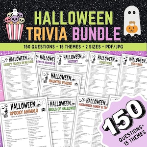 May include: A Halloween Trivia Bundle with 150 questions across 15 themes, available in PDF/JPG format. The image features various trivia cards with categories like "Creepy Places in Nature" and "Spooky Animals", along with a decorative cupcake and ghost.
