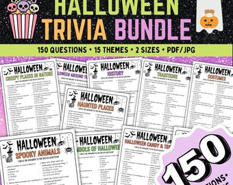以下が含まれることがあります： ハロウィーンのトリビアバンドル。150の質問と15のテーマがあり、PDF/JPG形式で利用できます。画像には、「自然の不気味な場所」や「不気味な動物」などのカテゴリを含むさまざまなトリビアカードと、装飾的なカップケーキと幽霊が描かれています。
