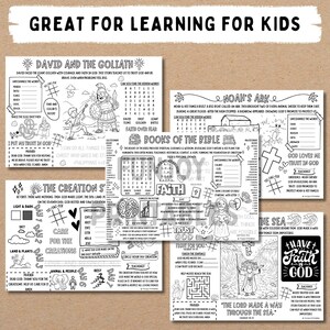 Puede incluir: Una colecci&oacute;n de p&aacute;ginas para colorear en blanco y negro con temas b&iacute;blicos, incluyendo David y Goliat, el Arca de No&eacute; y la historia de la Creaci&oacute;n. Las p&aacute;ginas presentan indicaciones de texto y actividades para ni&ntilde;os, con las palabras "Great for Learning for Kids".