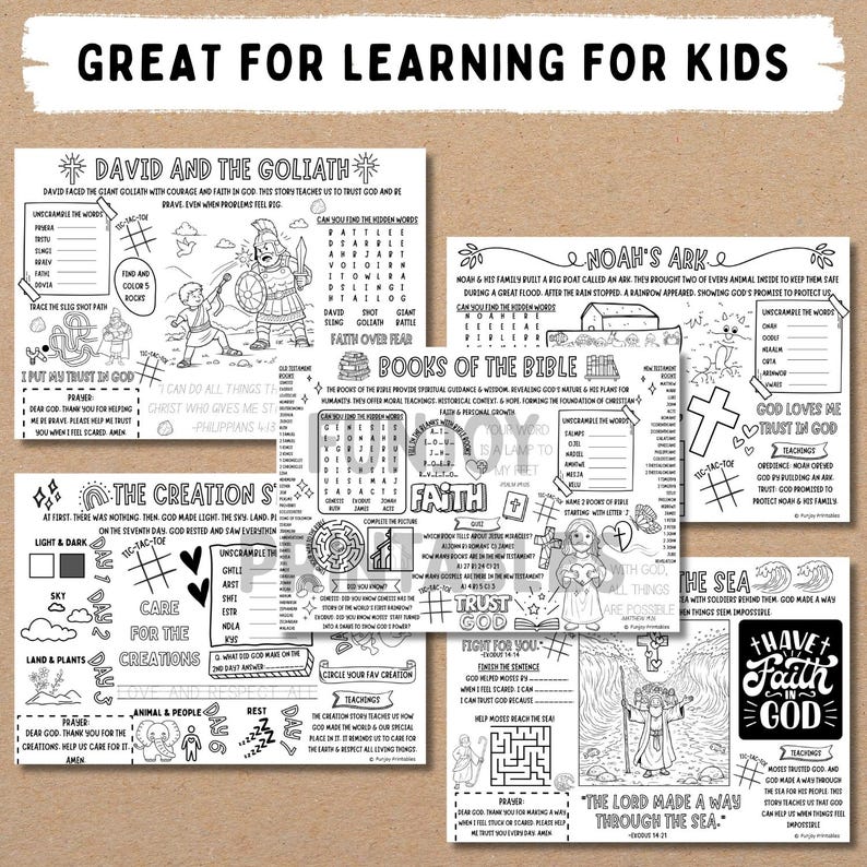 Puede incluir: Una colecci&oacute;n de p&aacute;ginas para colorear en blanco y negro con temas b&iacute;blicos, incluyendo David y Goliat, el Arca de No&eacute; y la historia de la Creaci&oacute;n. Las p&aacute;ginas presentan indicaciones de texto y actividades para ni&ntilde;os, con las palabras "Great for Learning for Kids".
