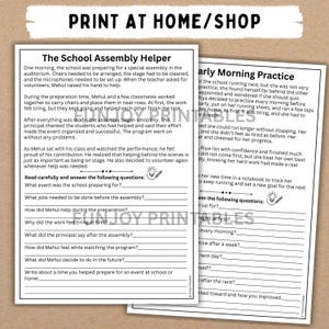 May include: Two printable worksheets with text. One is titled "The School Assembly Helper" and the other is "Early Morning Practice." The worksheets are designed for educational use and feature fill-in-the-blank questions.