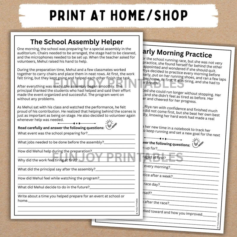 May include: Two printable worksheets with text. One is titled "The School Assembly Helper" and the other is "Early Morning Practice." The worksheets are designed for educational use and feature fill-in-the-blank questions.