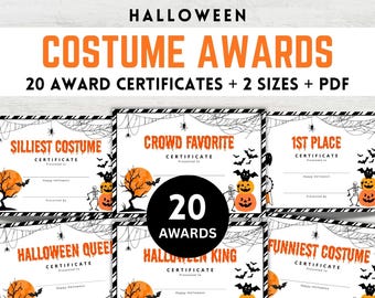 20 Halloween Costume Award Certificates, Printable Party Awards (PDF)