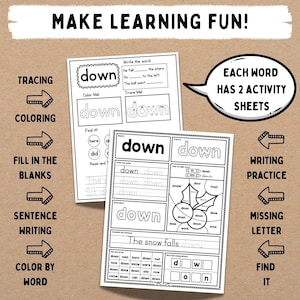 Puede incluir: Se muestran dos hojas de ejercicios con la palabra "down", con ejercicios de trazo, coloreado, completar, escritura de oraciones y coloreado por palabras. La frase "Make Learning Fun!" est&aacute; en la parte superior.