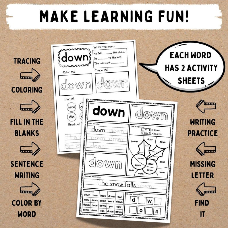 Puede incluir: Se muestran dos hojas de ejercicios con la palabra "down", con ejercicios de trazo, coloreado, completar, escritura de oraciones y coloreado por palabras. La frase "Make Learning Fun!" est&aacute; en la parte superior.