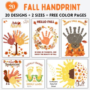May include: A digital collection of 20 fall handprint art designs featuring autumn themes like trees, wreaths, hedgehogs, turkeys, and sunflowers. The pages include text such as Hello Autumn, Hello Fall, Happy Thanksgiving, and Locally Raised.