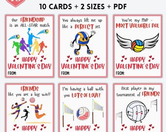 May include: A collection of ten volleyball-themed Valentine's Day cards. Each card has a different design, featuring volleyball illustrations, hearts, and messages such as "Happy Valentine's Day" and "Friends." Available in two sizes and a PDF format.