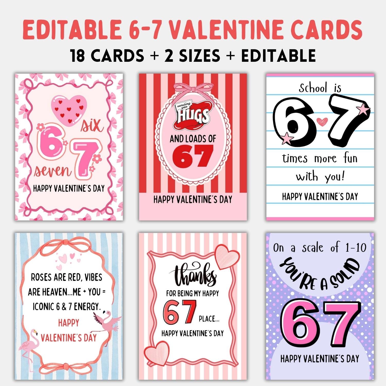 Girls Six Seven Valentine Cards - Printable - Kids Valentines - School ...
