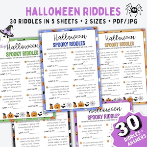 May include: Halloween-themed printable riddle sheets. Includes 30 spooky riddles with answers, available in 5 sheets and 2 sizes. Features pumpkins, bats, and a witch hat. Perfect for a fun Halloween activity.