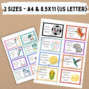 K&ouml;nnte beinhalten: Zwei bedruckbare Bl&auml;tter mit farbenfrohen Illustrationen und Witzen. Der obere Text lautet "2 GR&Ouml;SSEN - A4 & 8.5X11 (US LETTER)". Die Bl&auml;tter zeigen verschiedene R&auml;tsel mit entsprechenden Bildern, darunter ein Fu&szlig;ball, ein Hotdog und ein Zeichentrick-Elefant.