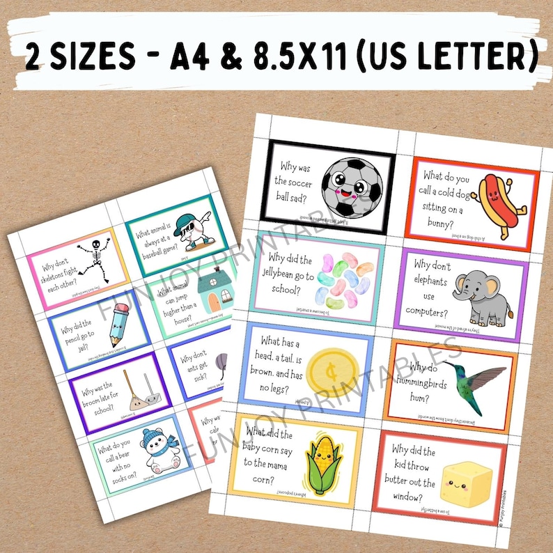 K&ouml;nnte beinhalten: Zwei bedruckbare Bl&auml;tter mit farbenfrohen Illustrationen und Witzen. Der obere Text lautet "2 GR&Ouml;SSEN - A4 & 8.5X11 (US LETTER)". Die Bl&auml;tter zeigen verschiedene R&auml;tsel mit entsprechenden Bildern, darunter ein Fu&szlig;ball, ein Hotdog und ein Zeichentrick-Elefant.