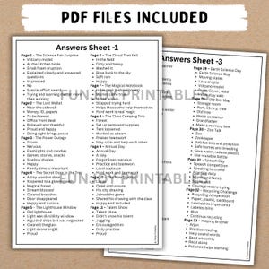 May include: Two white sheets of paper with black text listing various topics, such as "The Science Fair Surprise" and "The Lost Wallet." The text is organized into numbered pages, with each page containing several bullet points.