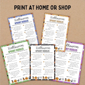 May include: A collection of Halloween-themed spooky riddles printed on colorful cards. Each card features a riddle with the prompt "What is it?" and decorative pumpkin and spiderweb graphics. The text "Print at Home or Shop" is at the top.