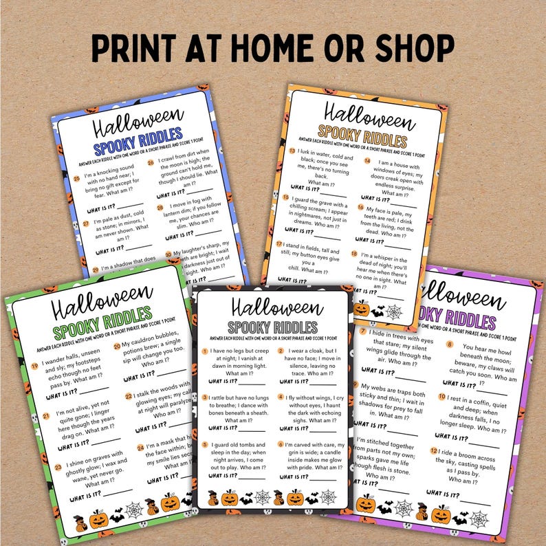 May include: A collection of Halloween-themed spooky riddles printed on colorful cards. Each card features a riddle with the prompt "What is it?" and decorative pumpkin and spiderweb graphics. The text "Print at Home or Shop" is at the top.