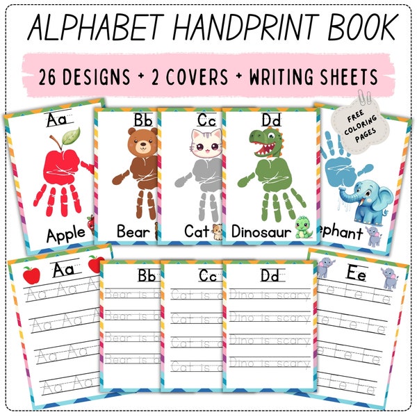 DIY Alphabet Handprint Book, Alphabet Handprint Craft, PreSchool, Kindergarten, Classroom Nursery Activity, Keepsake, Printable, ABC Writing