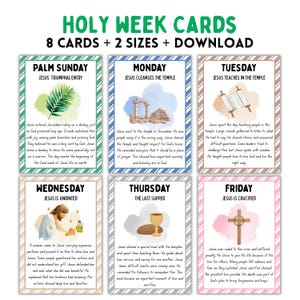 May include: Set of Holy Week cards featuring illustrations and text describing key events. Includes Palm Sunday, Monday, Tuesday, Wednesday, Thursday, and Friday cards. Each card has a unique design and text, with the title "Holy Week Cards" at the top.