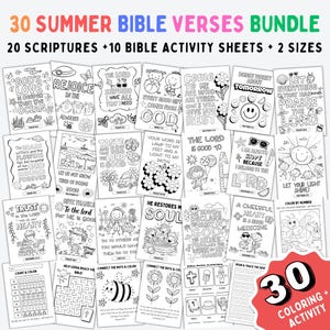 May include: A digital bundle of 30 printable colouring pages featuring Bible verses and activity sheets. The collection includes 20 scripture-themed designs and 10 activity pages with mazes, dot-to-dots, and counting tasks, all in black and white.