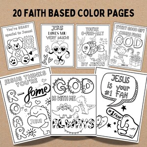 Op de afbeelding: Een set van 10 zwart-wit kleurplaten met religieuze thema's. De pagina's bevatten illustraties van een teddybeer, een hart met een zonnebril, een vis, een kind, dinosaurussen en een hand met een spraakballon. De tekst op de pagina's bevat zinnen als "You're Beary Special to Jesus!" en "Jesus is your #1 Fan!"