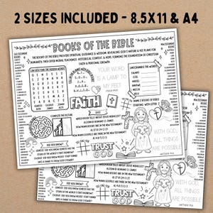 May include: A black and white printable worksheet for kids about the books of the Bible. The worksheet includes a word search, a maze, a fill-in-the-blank activity, and a tic-tac-toe game. The worksheet also includes a quote about faith and a picture of Jesus holding a heart.