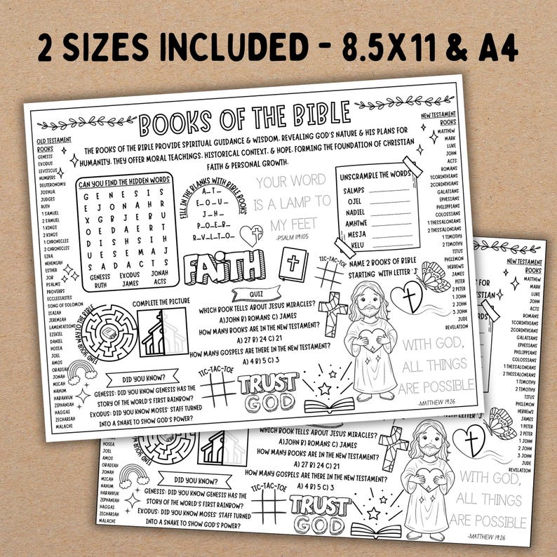 May include: A black and white printable worksheet for kids about the books of the Bible. The worksheet includes a word search, a maze, a fill-in-the-blank activity, and a tic-tac-toe game. The worksheet also includes a quote about faith and a picture of Jesus holding a heart.