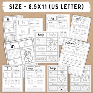 Puede incluir: Un conjunto de hojas de trabajo educativas para j&oacute;venes estudiantes, con palabras como "es", "en", "grande" y "ayuda". Las p&aacute;ginas miden 21,6 x 27,9 cm e incluyen actividades de trazado, coloreado y construcci&oacute;n de oraciones. Dise&ntilde;adas para ense&ntilde;ar habilidades b&aacute;sicas de lectura y escritura.