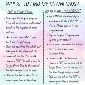 May include: A pink and white graphic with the text "Where to find my downloads?" and two sections: "Check your email" and "Go to your Etsy account". Each section lists steps on how to find your digital downloads.