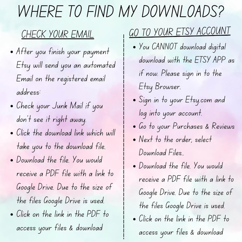 May include: A pink and white graphic with the text "Where to find my downloads?" and two sections: "Check your email" and "Go to your Etsy account". Each section lists steps on how to find your digital downloads.