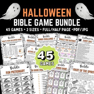 May include: A Halloween Bible Game Bundle with 45 games, 2 sizes, full/half page, and PDF/JPG format. The image features various game cards with titles like "What's Your Halloween Name?" and "Bingo Challenge." Two ghost illustrations are at the top.