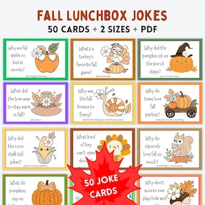 May include: A collection of fall-themed lunchbox joke cards. The cards feature colorful illustrations of pumpkins, turkeys, apples, and other autumn elements. The text on the cards includes jokes and puns. The title reads "Fall Lunchbox Jokes: 50 Cards + 2 Sizes + PDF."