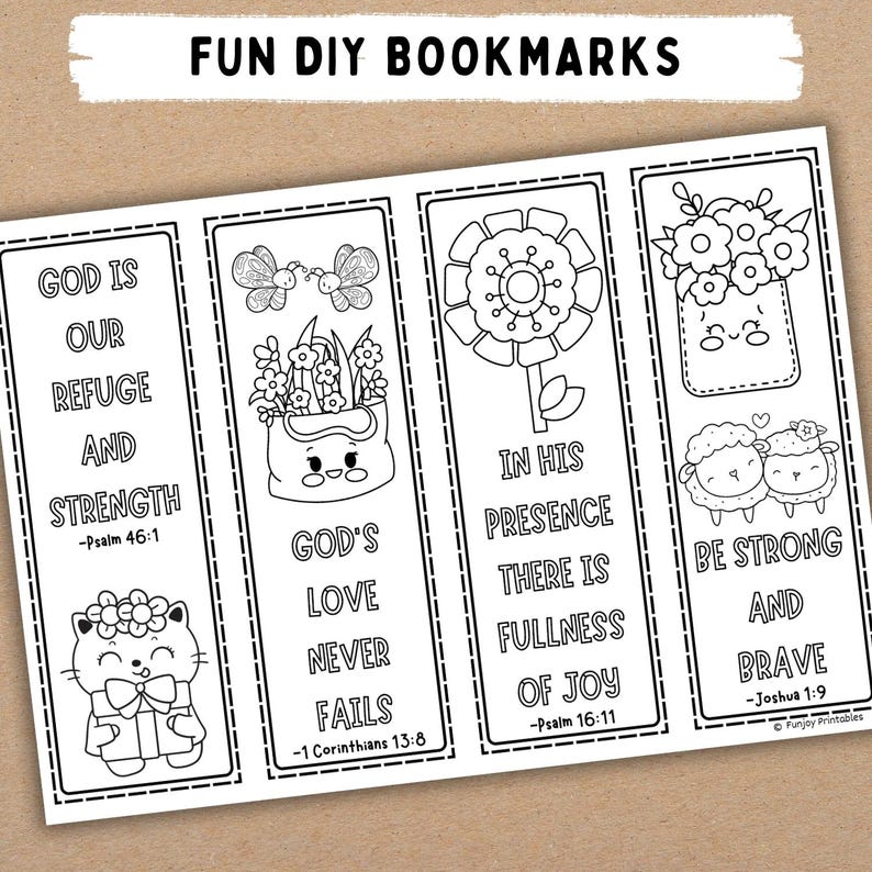 Puede incluir: Marcadores de bricolaje en blanco y negro con citas e ilustraciones inspiradoras. Los marcadores presentan im&aacute;genes de un gato, flores, ovejas y mariposas. El texto incluye "Fun DIY Bookmarks", vers&iacute;culos b&iacute;blicos y "God's Love Never Fails."