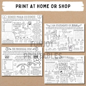 Puede incluir: Cuatro manteles individuales imprimibles en blanco y negro con actividades b&iacute;blicas. Cada uno presenta ilustraciones y texto, incluyendo el Salmo 23, declaraciones de Jes&uacute;s, el hijo pr&oacute;digo y el Padrenuestro. Ideal para el aprendizaje infantil.