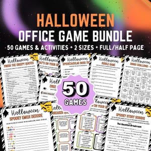 May include: A Halloween Office Game Bundle with 50 games and activities in two sizes. The image shows various game sheets with titles like "Finish the Creepy Quotes" and "Spooky Emoji Decode". The bundle includes full and half-page options.