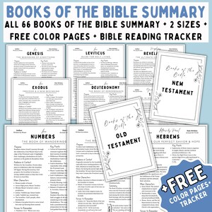 May include: A printable Bible study resource with a black and white design. The resource includes summaries of all 66 books of the Bible, with titles like "Genesis", "Exodus", "Leviticus", "Deuteronomy", "Numbers", "Joshua", "Judges", "Ruth", "1 Samuel", "2 Samuel", "1 Kings", "2 Kings", "1 Chronicles", "2 Chronicles", "Ezra", "Nehemiah", "Esther", "Job", "Psalms", "Proverbs", "Ecclesiastes", "Song of Solomon", "Isaiah", "Jeremiah", "Lamentations", "Ezekiel", "Daniel", "Hosea", "Joel", "Amos", "Obadiah", "Jonah", "Micah", "Nahum", "Habakkuk", "Zephaniah", "Haggai", "Zechariah", "Malachi", "Matthew", "Mark", "Luke", "John", "Acts", "Romans", "1 Corinthians", "2 Corinthians", "Galatians", "Ephesians", "Philippians", "Colossians", "1 Thessalonians", "2 Thessalonians", "1 Timothy", "2 Timothy", "Titus", "Philemon", "Hebrews", "James", "1 Peter", "2 Peter", "1 John", "2 John", "3 John", "Jude", and "Revelation". The resource also includes free color pages and a Bible reading tracker.
