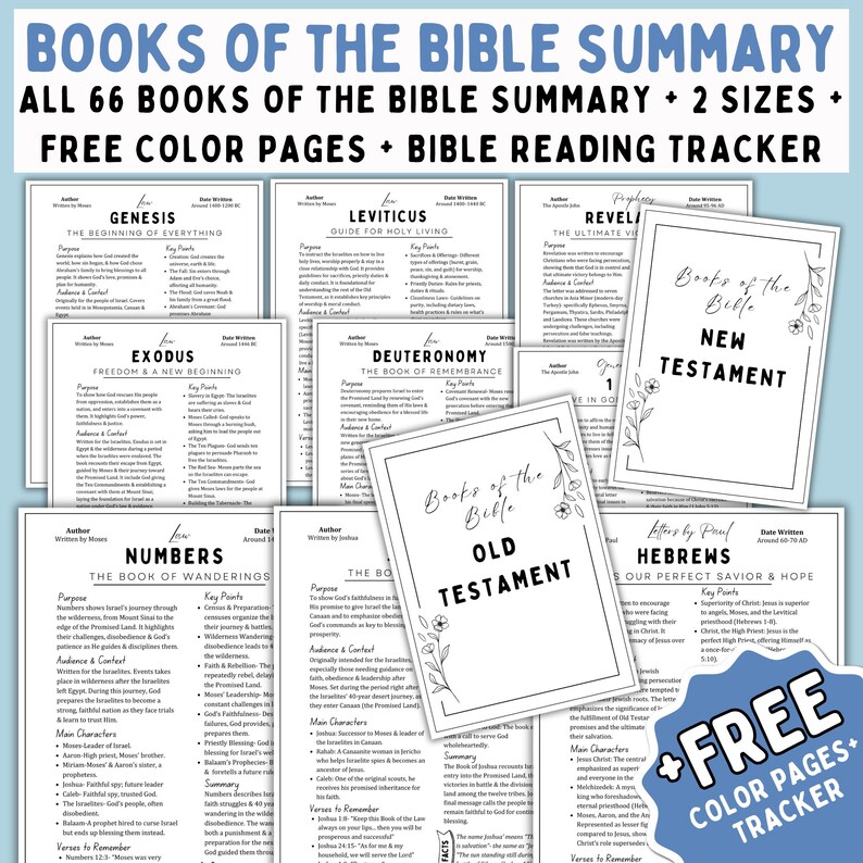 May include: A printable Bible study resource with a black and white design. The resource includes summaries of all 66 books of the Bible, with titles like "Genesis", "Exodus", "Leviticus", "Deuteronomy", "Numbers", "Joshua", "Judges", "Ruth", "1 Samuel", "2 Samuel", "1 Kings", "2 Kings", "1 Chronicles", "2 Chronicles", "Ezra", "Nehemiah", "Esther", "Job", "Psalms", "Proverbs", "Ecclesiastes", "Song of Solomon", "Isaiah", "Jeremiah", "Lamentations", "Ezekiel", "Daniel", "Hosea", "Joel", "Amos", "Obadiah", "Jonah", "Micah", "Nahum", "Habakkuk", "Zephaniah", "Haggai", "Zechariah", "Malachi", "Matthew", "Mark", "Luke", "John", "Acts", "Romans", "1 Corinthians", "2 Corinthians", "Galatians", "Ephesians", "Philippians", "Colossians", "1 Thessalonians", "2 Thessalonians", "1 Timothy", "2 Timothy", "Titus", "Philemon", "Hebrews", "James", "1 Peter", "2 Peter", "1 John", "2 John", "3 John", "Jude", and "Revelation". The resource also includes free color pages and a Bible reading tracker.
