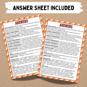 May include: Two orange and white answer sheets with autumn-themed word games, word searches, reading comprehension, and trivia questions. The sheets include the text "ANSWERS" and "ANSWER SHEET INCLUDED".