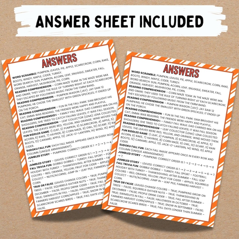 May include: Two orange and white answer sheets with autumn-themed word games, word searches, reading comprehension, and trivia questions. The sheets include the text "ANSWERS" and "ANSWER SHEET INCLUDED".