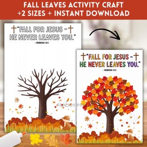 Könnte beinhalten: Zwei druckbare Aktivitätsblätter mit einem Baum und dem Text Fall for Jesus - He Never Leaves You sowie Hebrews 13:5. Ein Blatt zeigt einen kahlen Baum, während das andere einen Baum voller bunter Herbstblätter und einen kleinen Fuchs darstellt.
