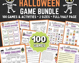 Peut inclure: Un ensemble de jeux d'Halloween avec 100 jeux et activités, comprenant des questions brise-glace, des jeux d'association, des jeux de motifs et des Sudoku. L'ensemble comprend des marque-pages amusants et des défis de bingo. Le texte sur l'image dit "Halloween Game Bundle".