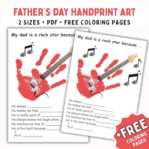 May include: Two printable Father's Day handprint art templates. Each features a red handprint shaped like a guitar, musical notes, and fill-in-the-blank prompts. The text reads "My dad is a rock star because..." and "Father's Day Handprint Art".