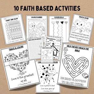 Op de afbeelding: Zwart-witte printbare werkbladen voor kinderen met religieuze thema's. De werkbladen bevatten activiteiten zoals tellen, kleuren, traceren, stippen verbinden en doolhoven. Enkele van de thema's zijn Jezus houdt van me, God houdt van me en wees vriendelijk en liefdevol tegen elkaar.