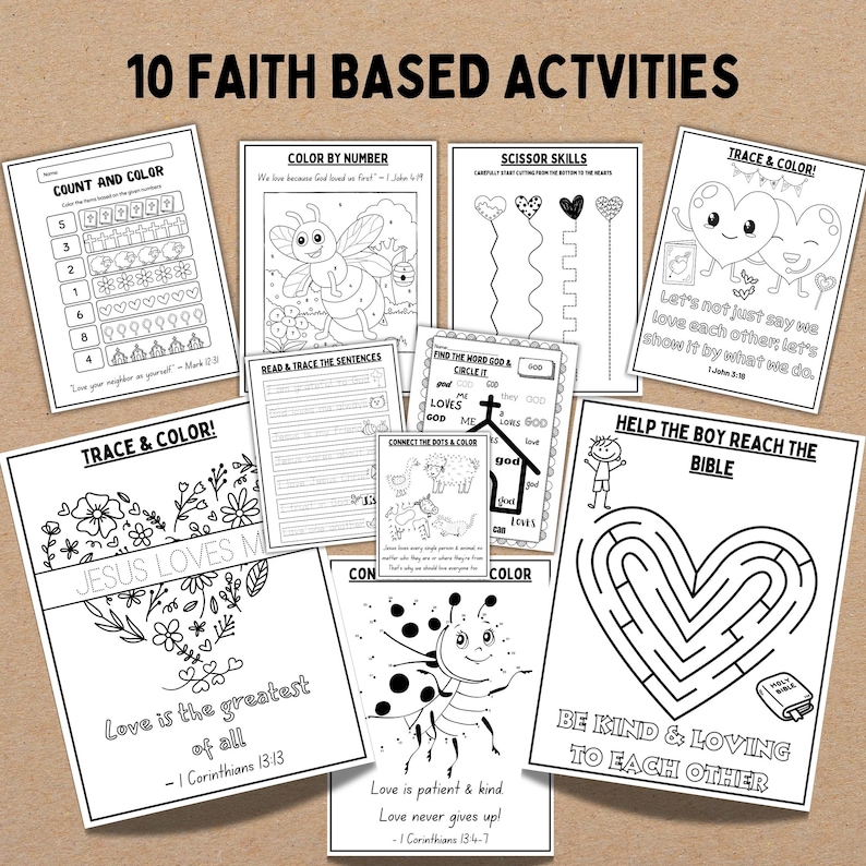 Op de afbeelding: Zwart-witte printbare werkbladen voor kinderen met religieuze thema's. De werkbladen bevatten activiteiten zoals tellen, kleuren, traceren, stippen verbinden en doolhoven. Enkele van de thema's zijn Jezus houdt van me, God houdt van me en wees vriendelijk en liefdevol tegen elkaar.