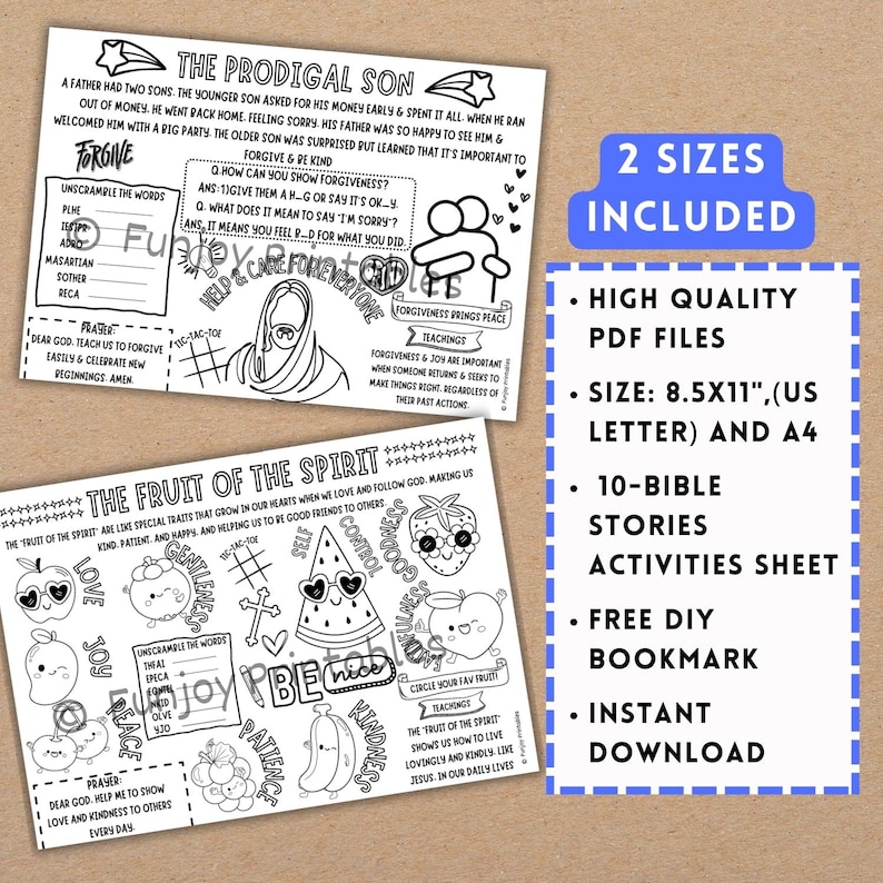 PRINTABLE Bible Stories Kids, Bible Coloring Page Kids, Bible Activity for Church, Sunday School Activity Mat Sheet, Bible Activity Placemat image 10