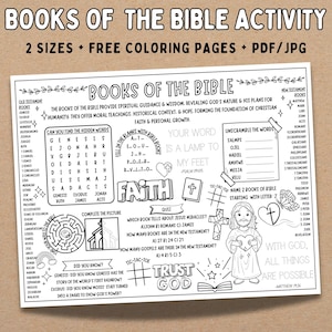 May include: A black and white coloring page featuring a printable activity for learning about the books of the Bible. The page includes a word search, a maze, a fill-in-the-blank activity, a crossword puzzle, a quiz, and a tic-tac-toe game. The page also includes a picture of Jesus holding a heart and the text "With God, all things are possible."