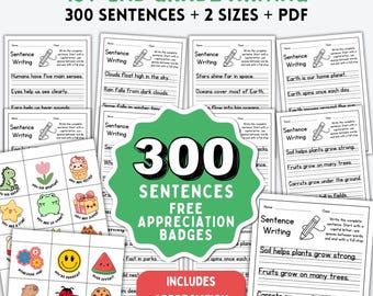 Sentences Practice Worksheet, Writing Printable, Sentence Writing Practice Sheet, Grade 1-2 Writing fluency, DOWNLOAD, 300 Sentences
