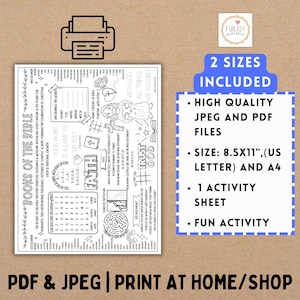 May include: A black and white printable activity sheet with a maze, word search, and other activities related to the books of the Bible. The sheet includes the text "Books of the Bible" and "Trust God".