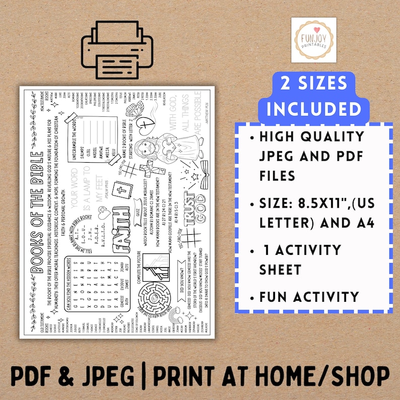 May include: A black and white printable activity sheet with a maze, word search, and other activities related to the books of the Bible. The sheet includes the text "Books of the Bible" and "Trust God".